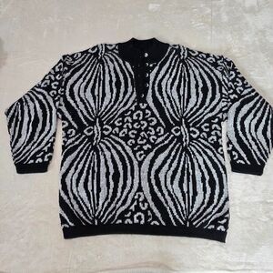 Laura Lorani Sweater Black White Geometric Print Wool Blend Long Sleeve No Size